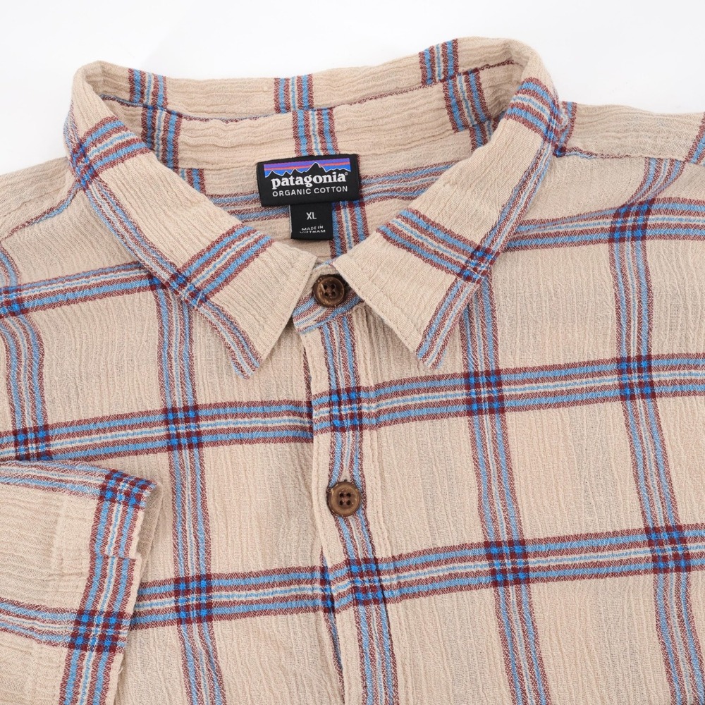Patagonia A/C Shirt Plaid Seersucker Button Down Tan Short Sleeve Mens XL